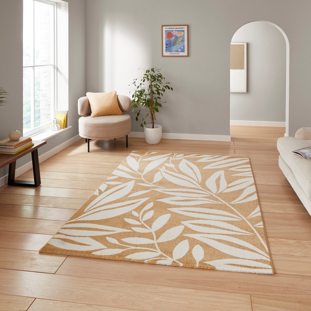 Sorral Leaves Modern Rugs by Catherine Lansfield in Ochre Yellow